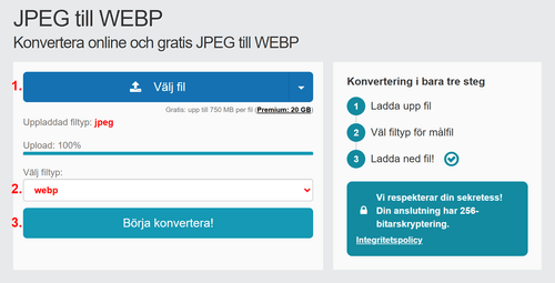 Hur man konverterar JPEG filer online till WEBP