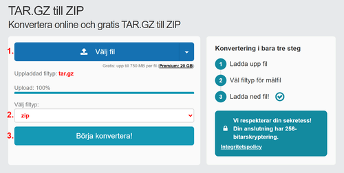 Hur man konverterar TAR.GZ filer online till ZIP